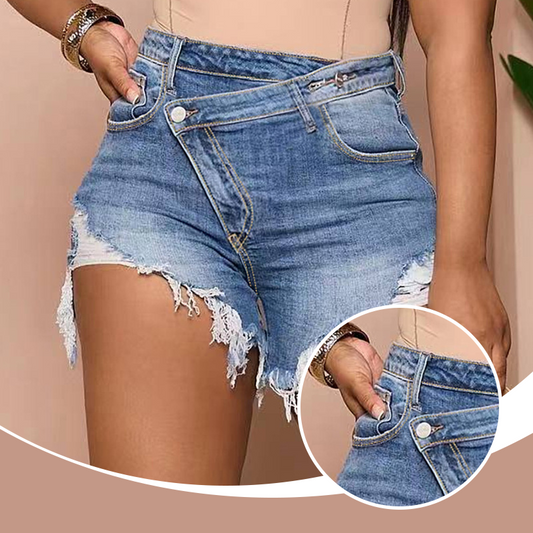 High-Waisted Diagonal-Button Design Raw Edge Ripped Denim Shorts