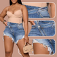 High-Waisted Diagonal-Button Design Raw Edge Ripped Denim Shorts